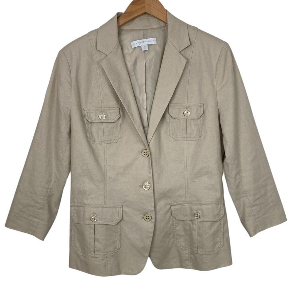 Beige Linen Utility Jacket Blazer, Size 12